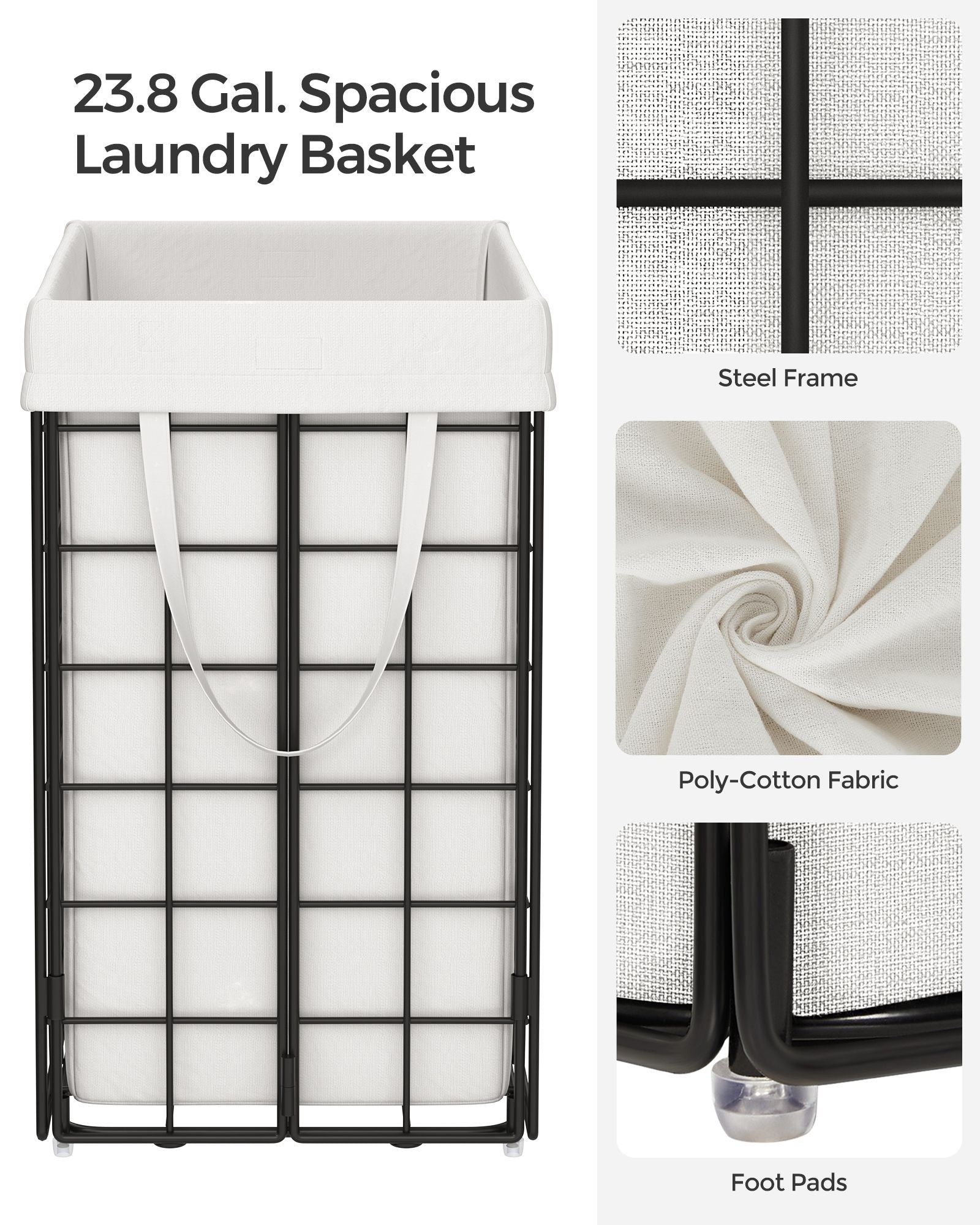 Collapsible Laundry Basket – Metal Wire Frame – Ink Black and Cloud White – Removable and Washable Liner, 90L Capacity
