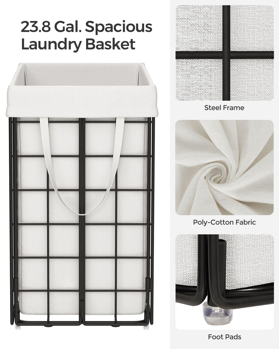 Collapsible Laundry Basket – Metal Wire Frame – Ink Black and Cloud White – Removable and Washable Liner, 90L Capacity
