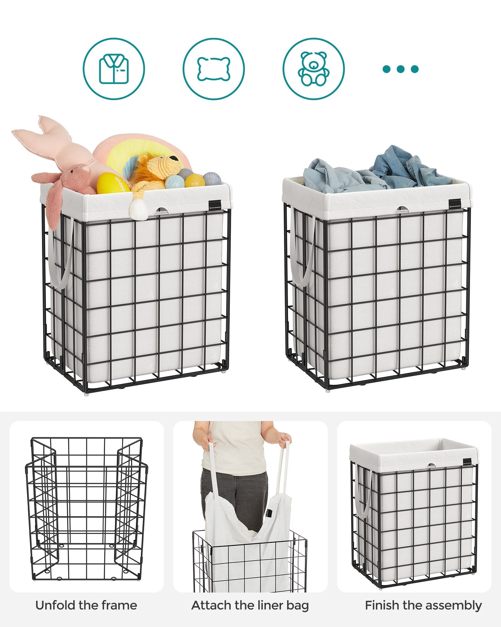 Collapsible Laundry Basket – Metal Wire Frame – Ink Black and Cloud White – Removable and Washable Liner, 90L Capacity