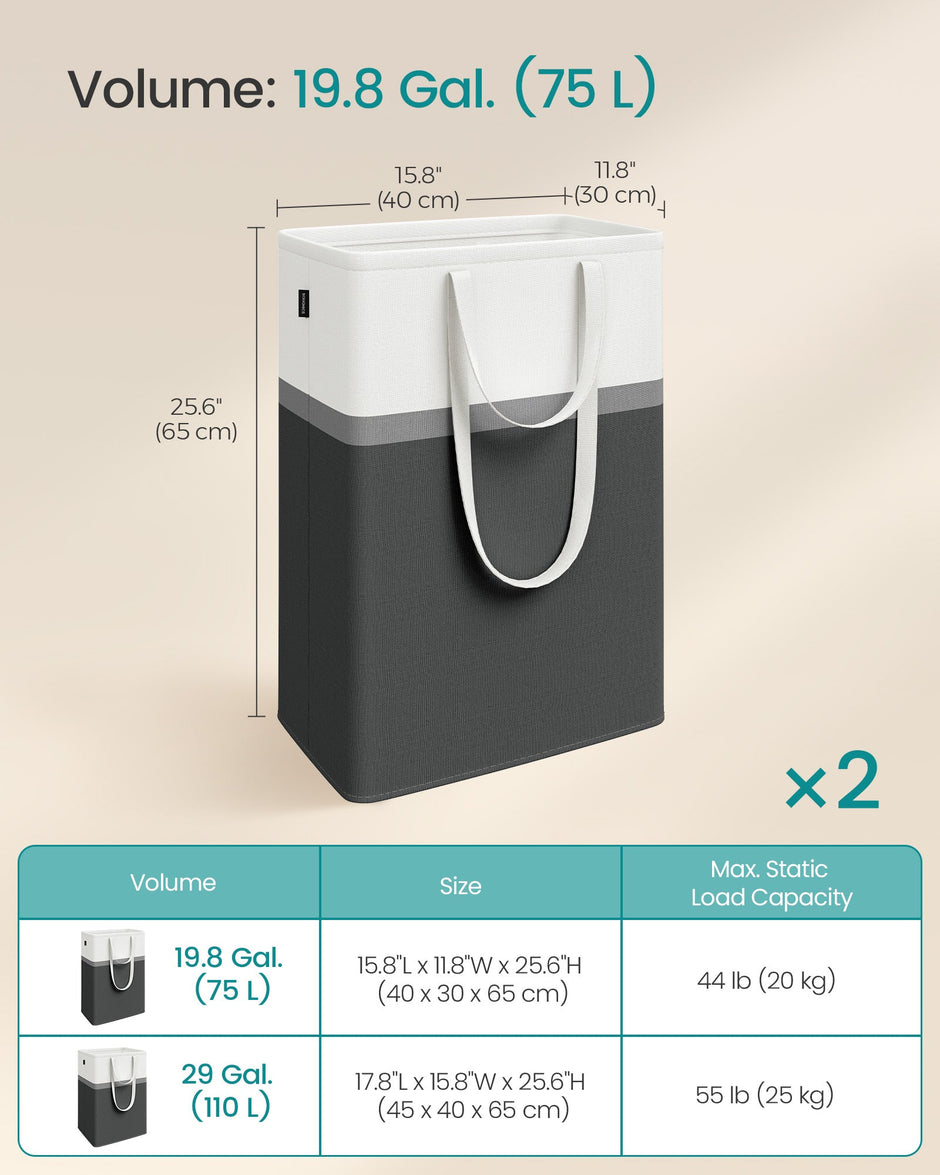 Collapsible Laundry Hamper Set of 2 – Fabric – Ink Black – 75 L Capacity, Easy to Transport and Clean