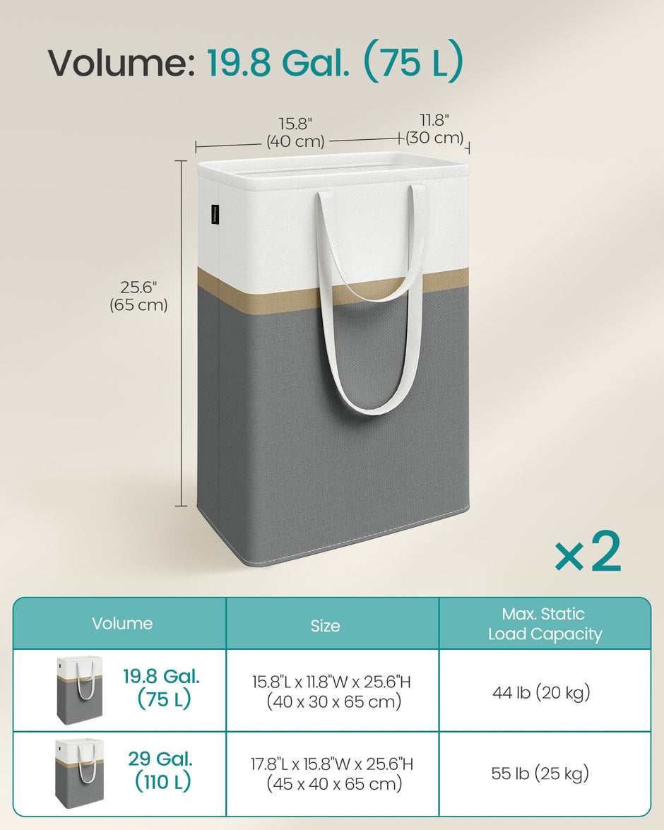 Collapsible Laundry Hamper Set – Fabric – Slate Grey – Freestanding and Easy to Transport – 75 L Capacity – Set of 2
