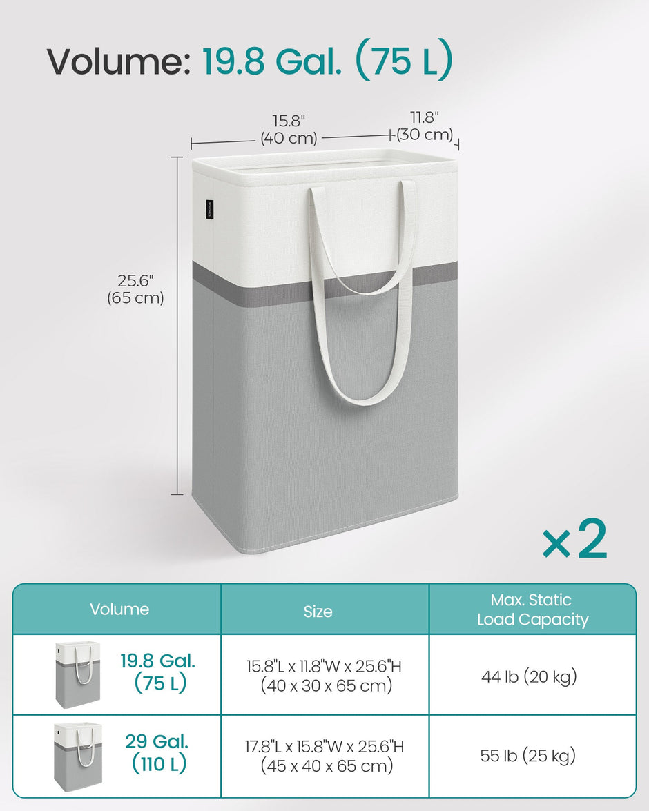 Collapsible Laundry Hampers – Fabric – Dove Grey – Set of 2, 75 L Capacity, Freestanding with Handles