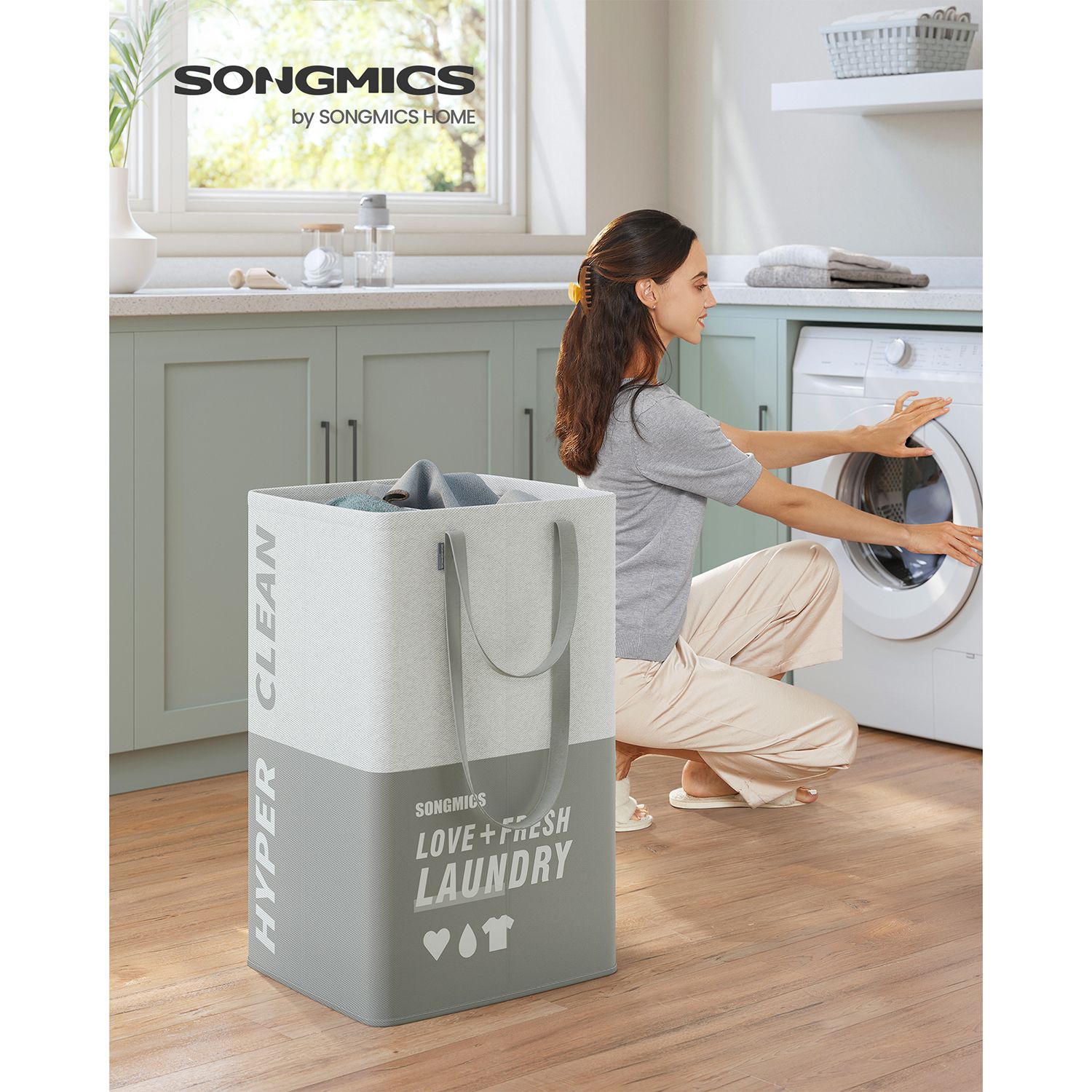 Large Laundry Basket – Fabric – Light Grey – 90L Capacity with 2 Compartments and Foldable Design