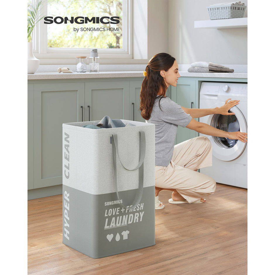 Large Laundry Basket – Fabric – Light Grey – 90L Capacity with 2 Compartments and Foldable Design