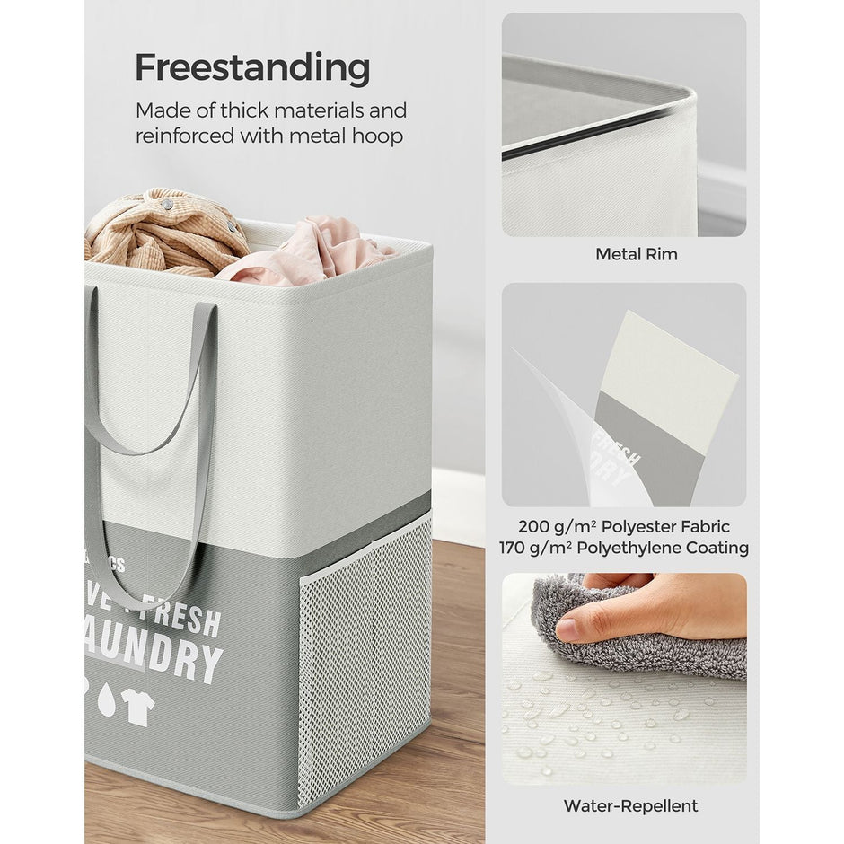 Large Laundry Basket – Fabric – Light Grey – 90L Capacity with 2 Compartments and Foldable Design