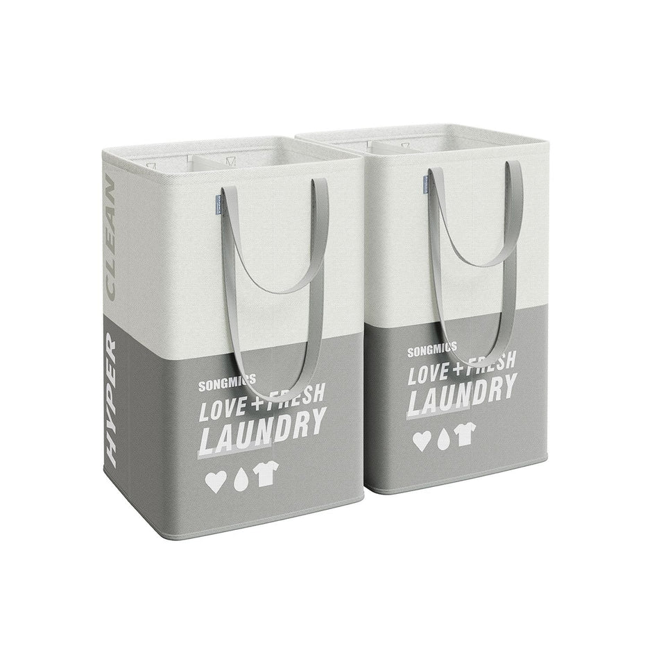 Set of 2 Laundry Baskets – Fabric – Light Grey – 90L Capacity with 2 Compartments