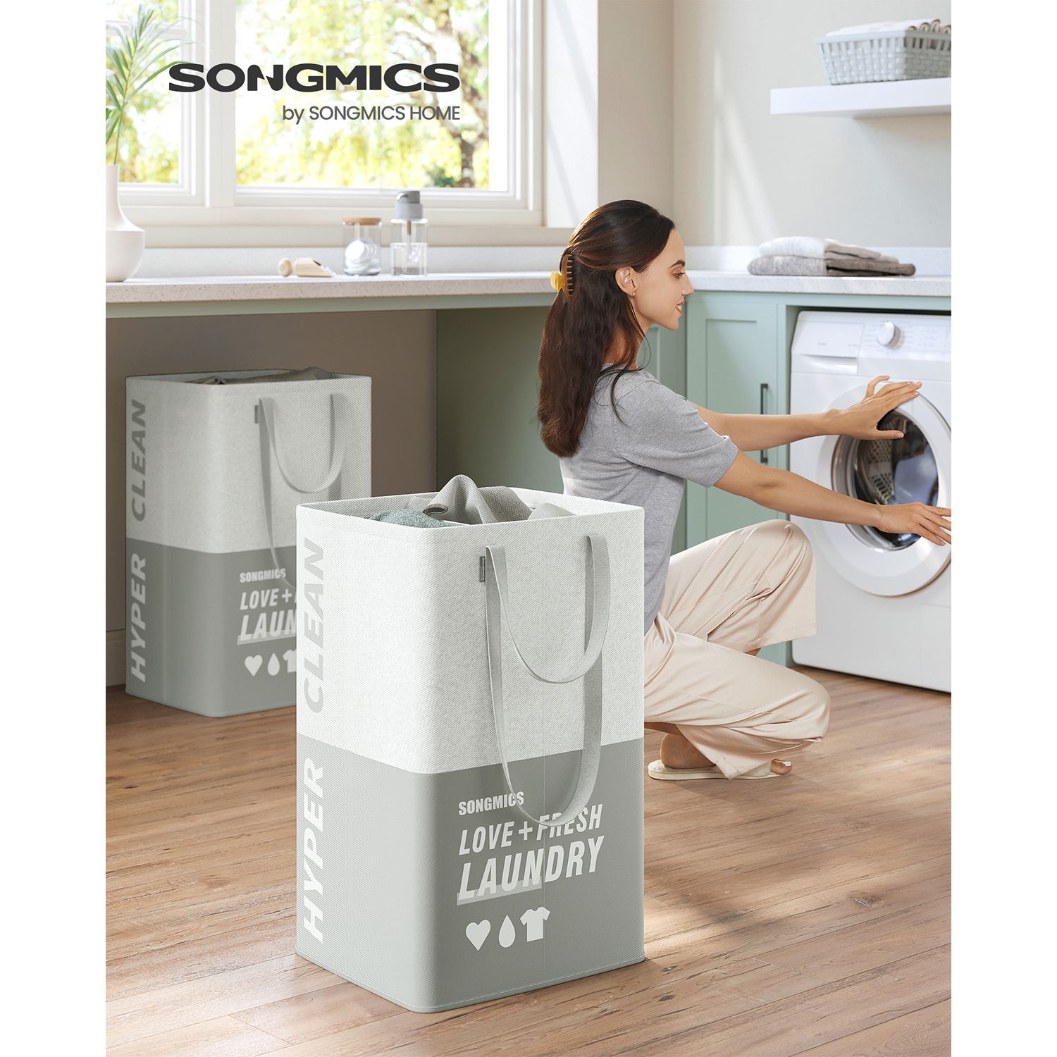 Set of 2 Laundry Baskets – Fabric – Light Grey – 90L Capacity with 2 Compartments