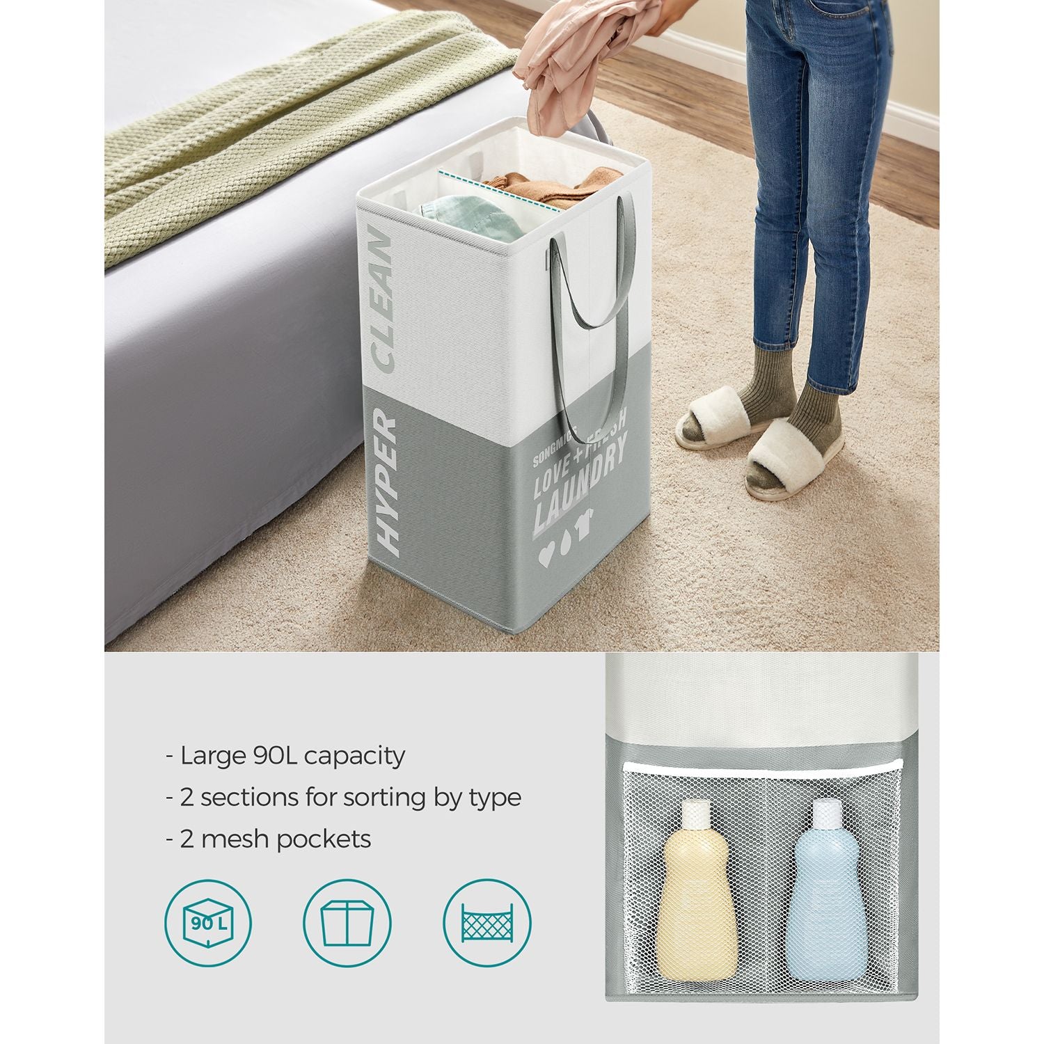 Set of 2 Laundry Baskets – Fabric – Light Grey – 90L Capacity with 2 Compartments
