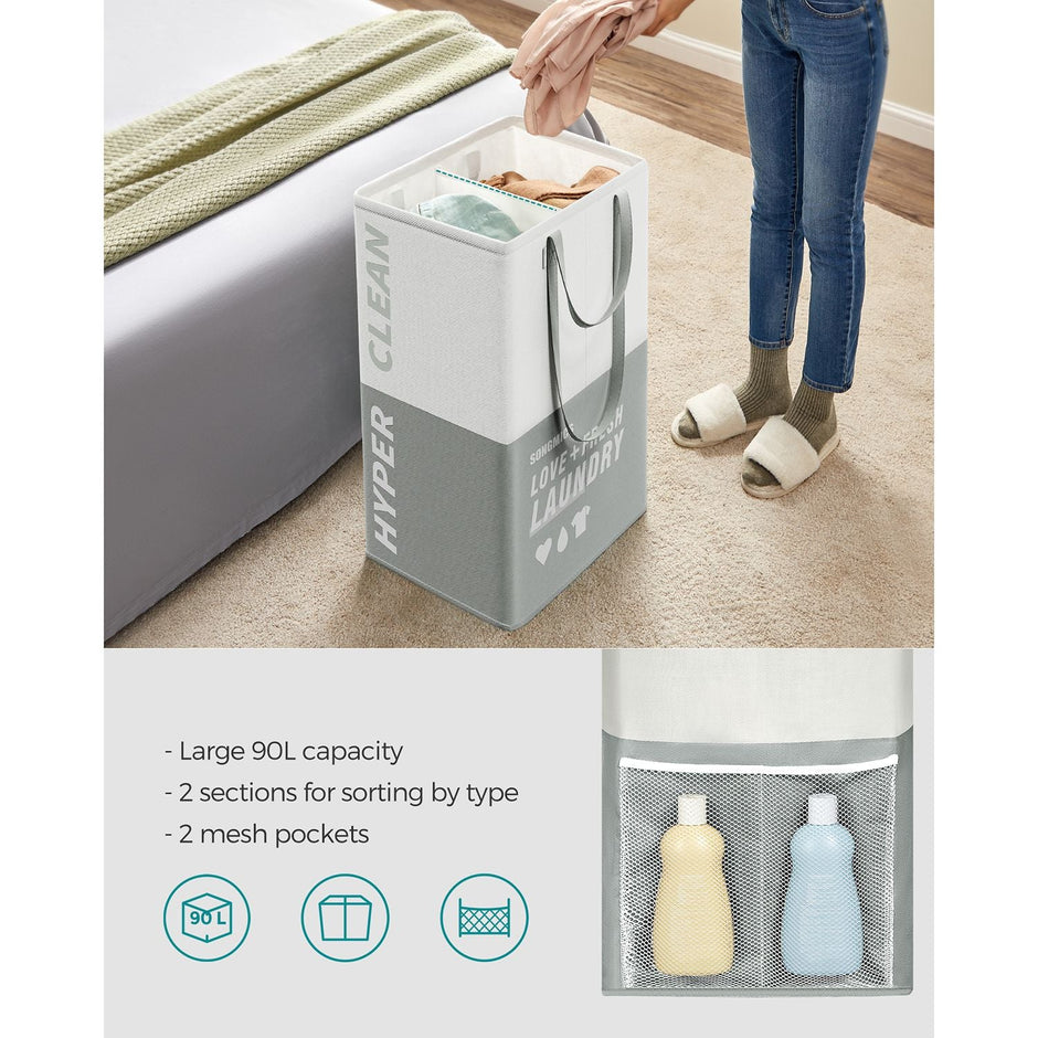 Set of 2 Laundry Baskets – Fabric – Light Grey – 90L Capacity with 2 Compartments