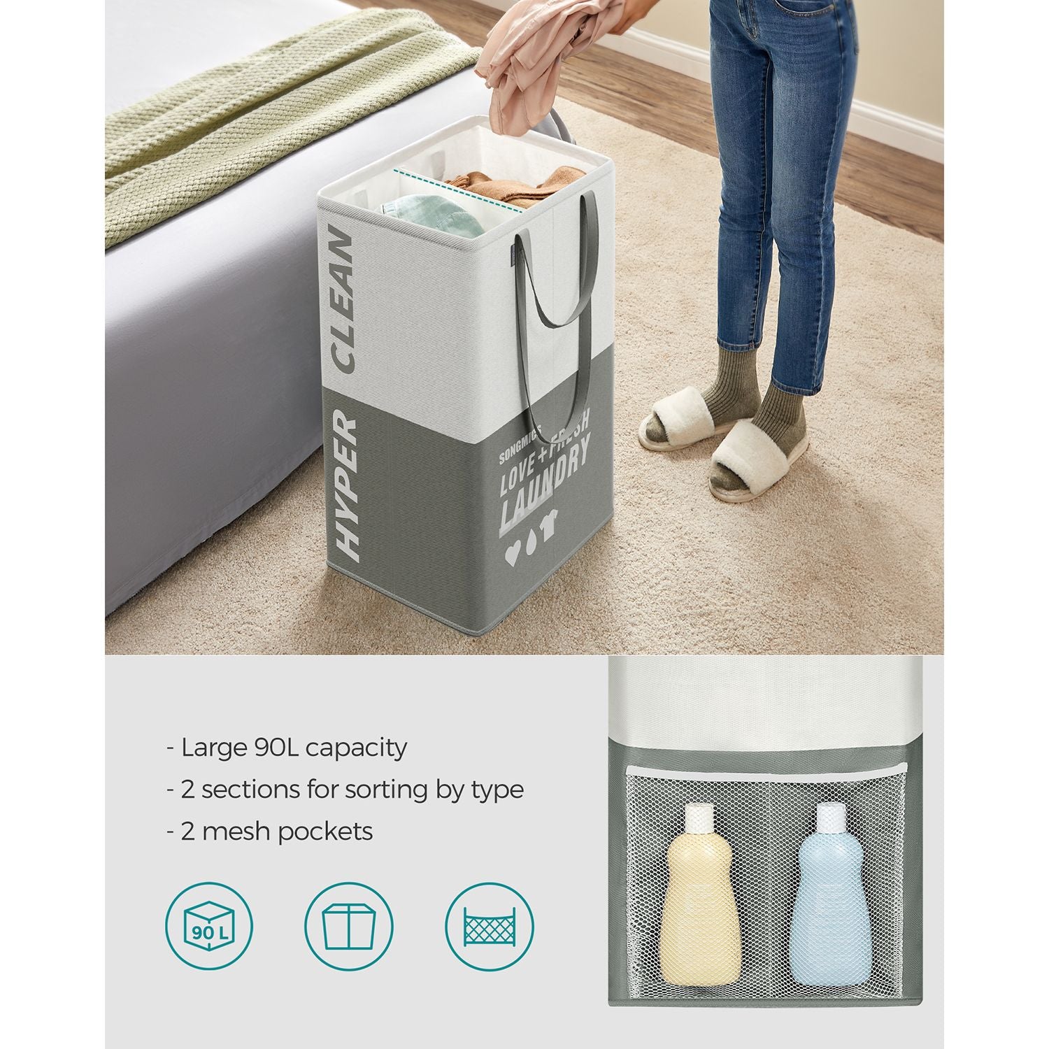 Large Laundry Basket – Fabric – Dark Grey – 90L Capacity with 2 Compartments, Freestanding and Foldable