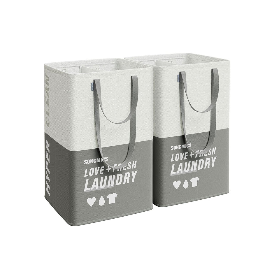 Set of 2 Large Laundry Baskets – Fabric – Dark Grey – Freestanding with 2 Compartments