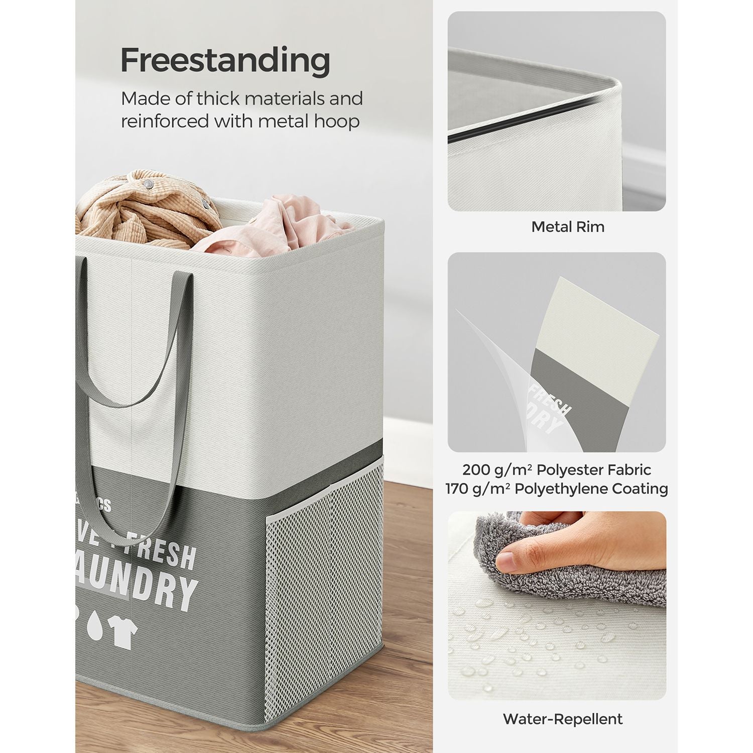 Set of 2 Large Laundry Baskets – Fabric – Dark Grey – Freestanding with 2 Compartments