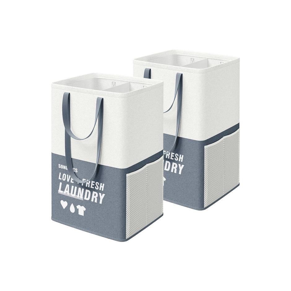 Laundry Basket Set – Fabric – Light Grey – 90L, Freestanding, Foldable, Double Compartments