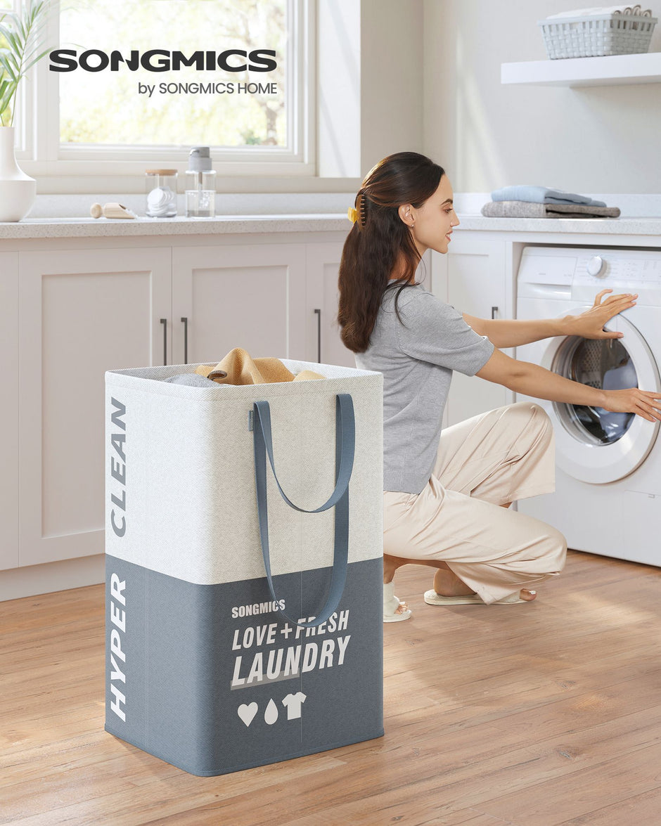 Laundry Basket Set – Fabric – Light Grey – 90L, Freestanding, Foldable, Double Compartments