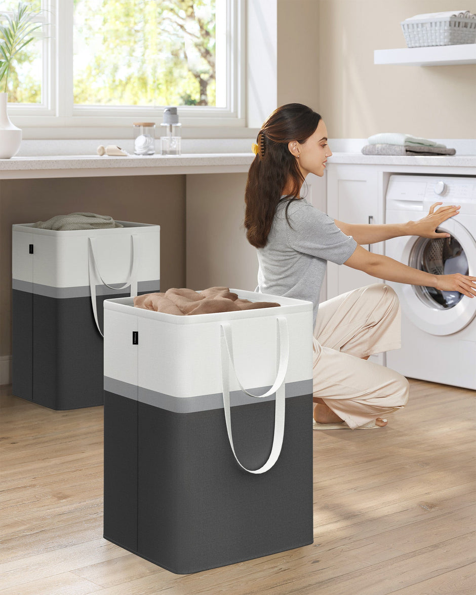Laundry Hamper Set – Fabric – Ink Black – Collapsible with Short and Long Handles – 110 L Total Capacity
