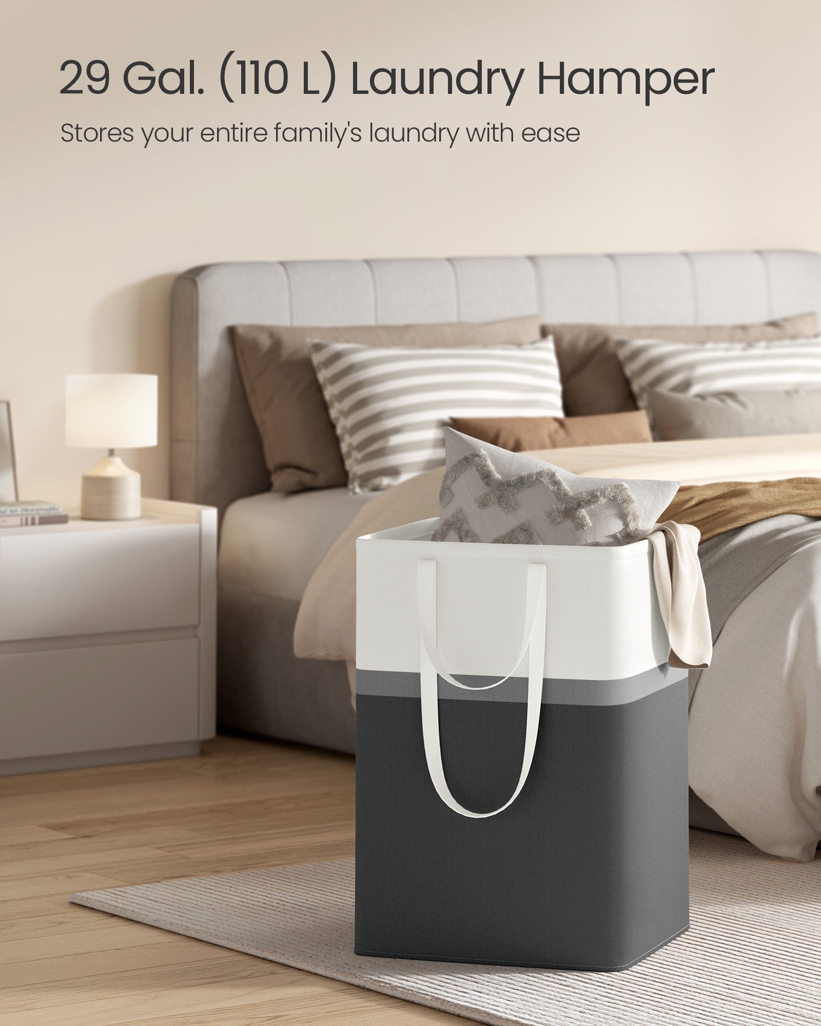 Laundry Hamper Set – Fabric – Ink Black – Collapsible with Short and Long Handles – 110 L Total Capacity