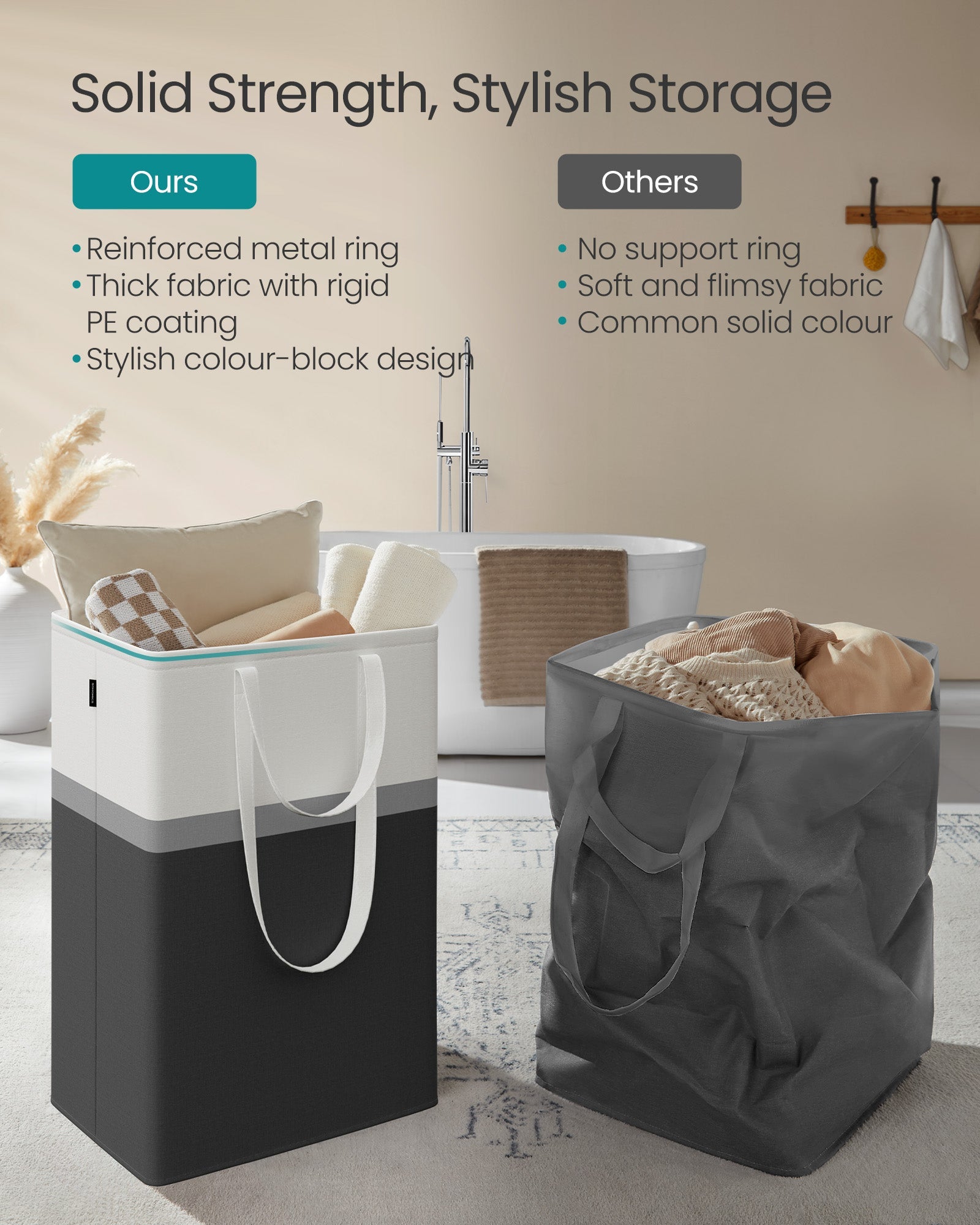 Laundry Hamper Set – Fabric – Ink Black – Collapsible with Short and Long Handles – 110 L Total Capacity