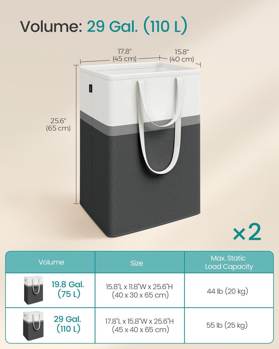 Laundry Hamper Set – Fabric – Ink Black – Collapsible with Short and Long Handles – 110 L Total Capacity