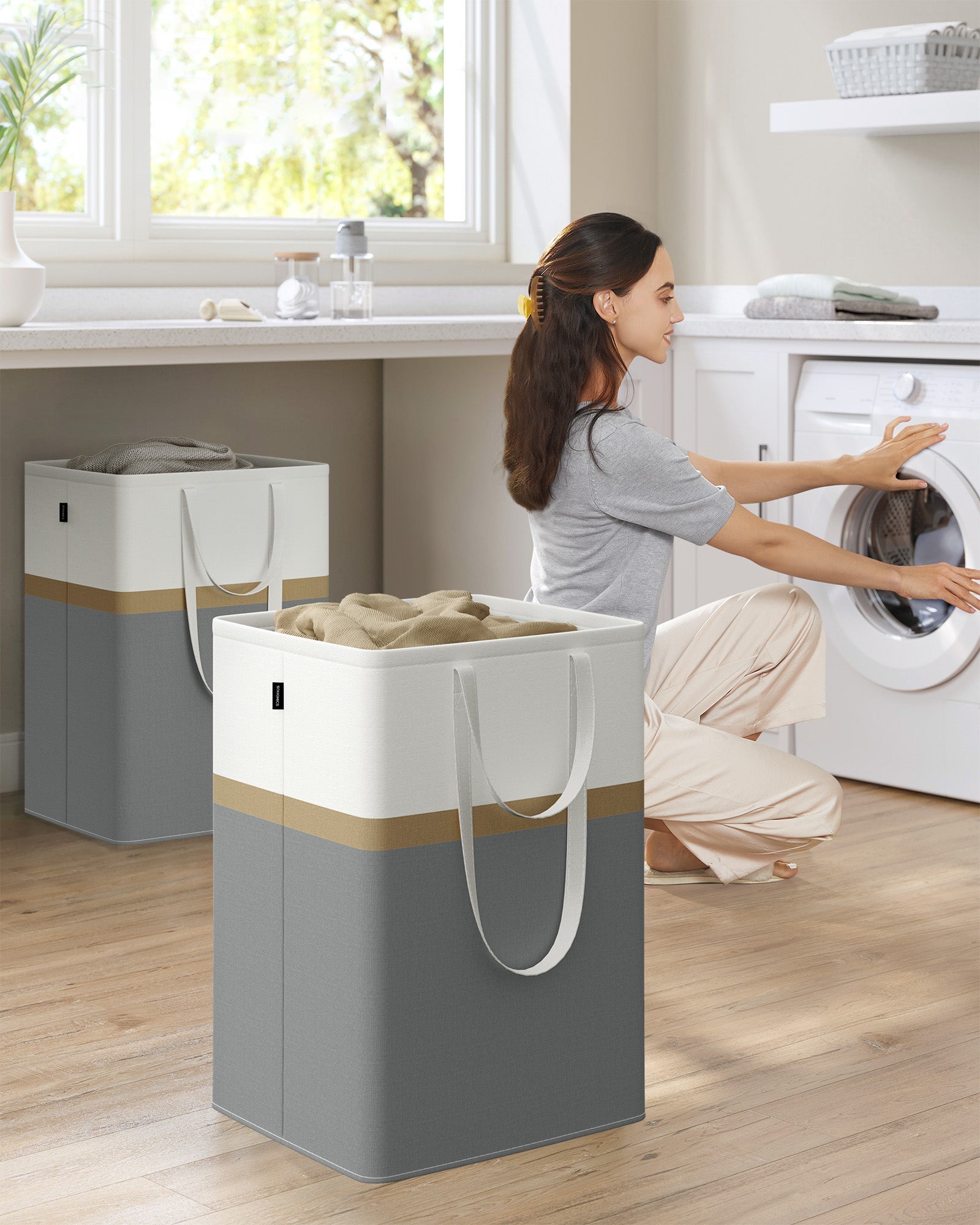 Collapsible Laundry Hampers Set of 2 – Fabric – Slate Grey – Easy to Transport and Clean