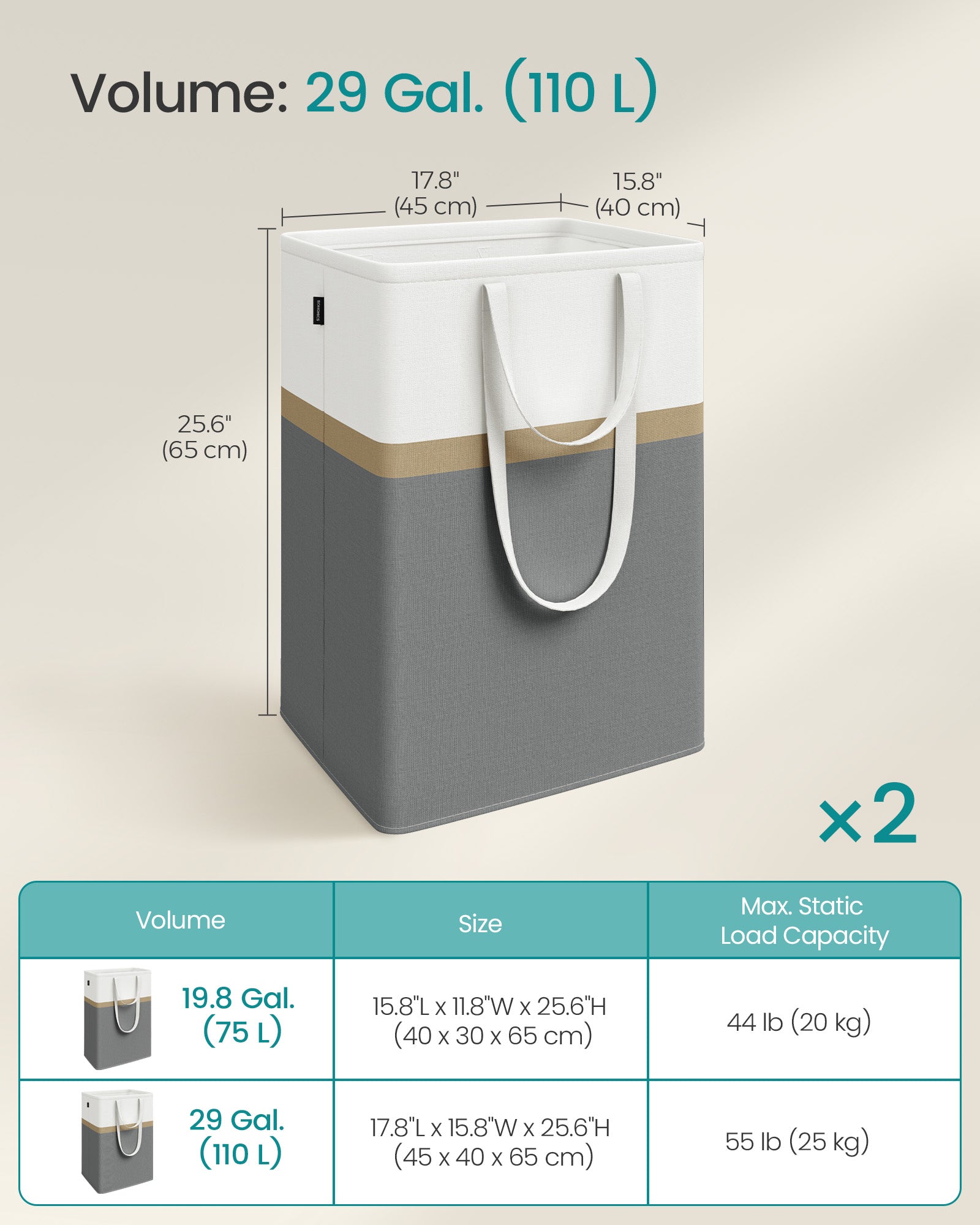 Collapsible Laundry Hampers Set of 2 – Fabric – Slate Grey – Easy to Transport and Clean