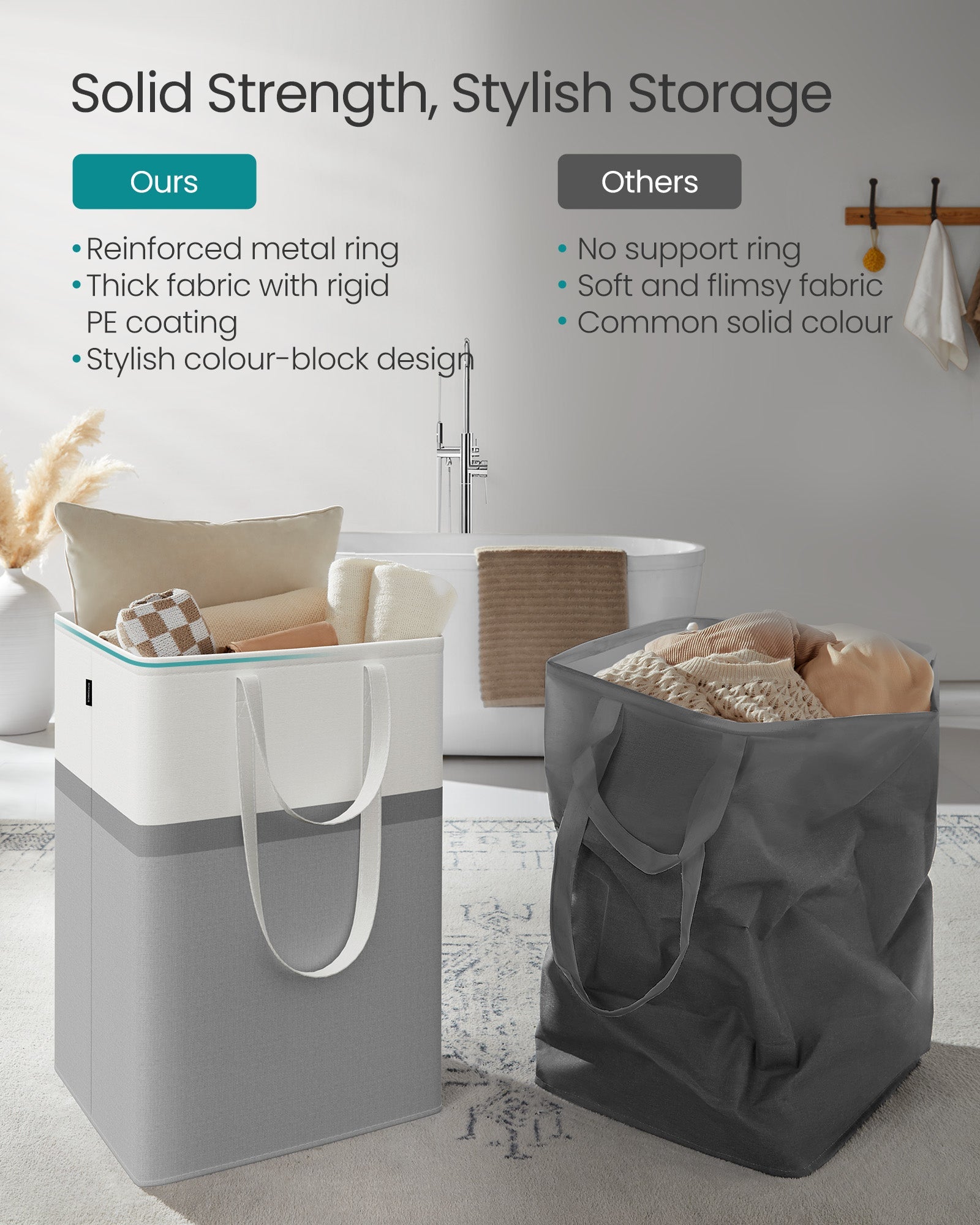 Collapsible Laundry Hampers Set of 2 – Fabric – Dove Grey – Freestanding and Portable