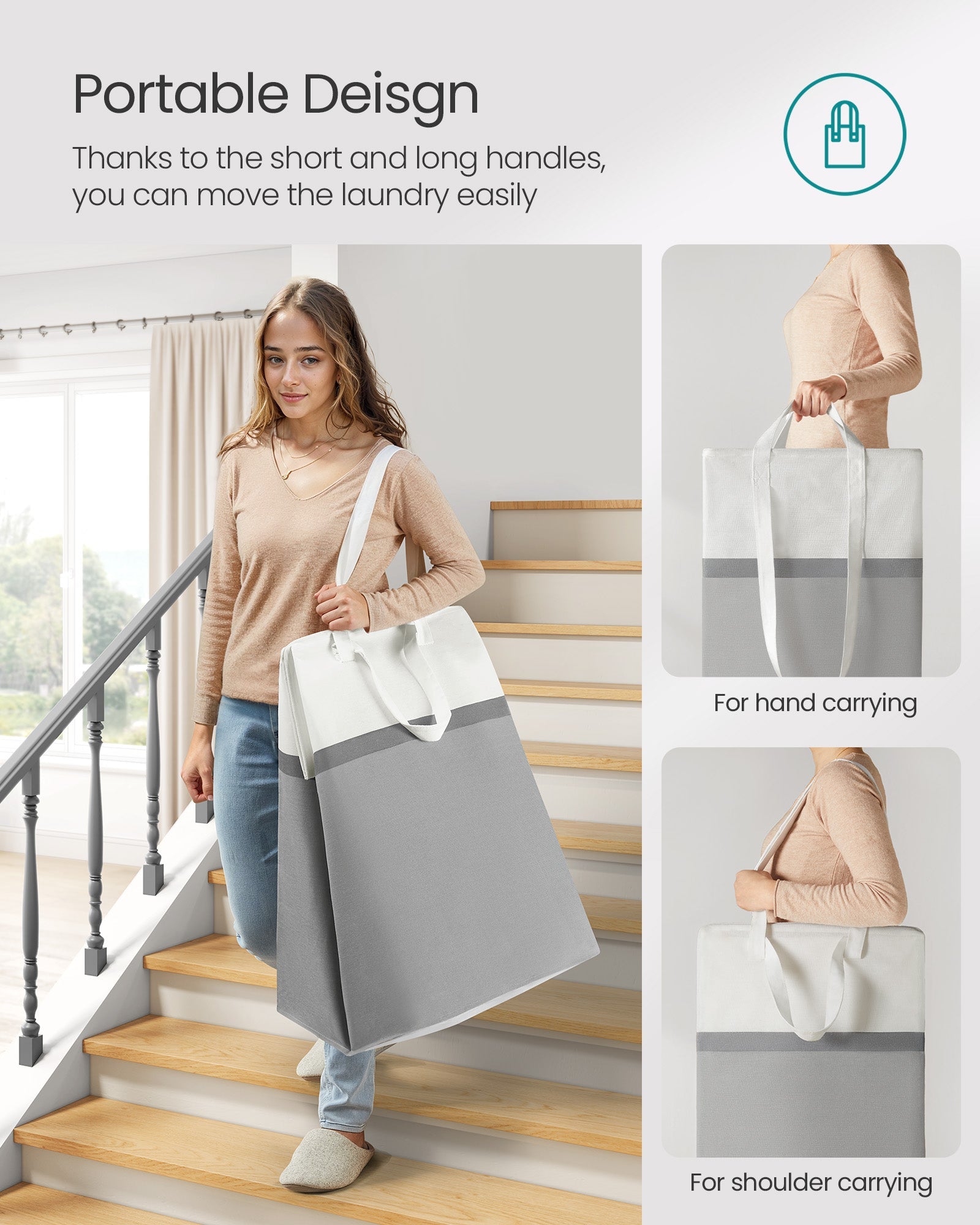 Collapsible Laundry Hampers Set of 2 – Fabric – Dove Grey – Freestanding and Portable