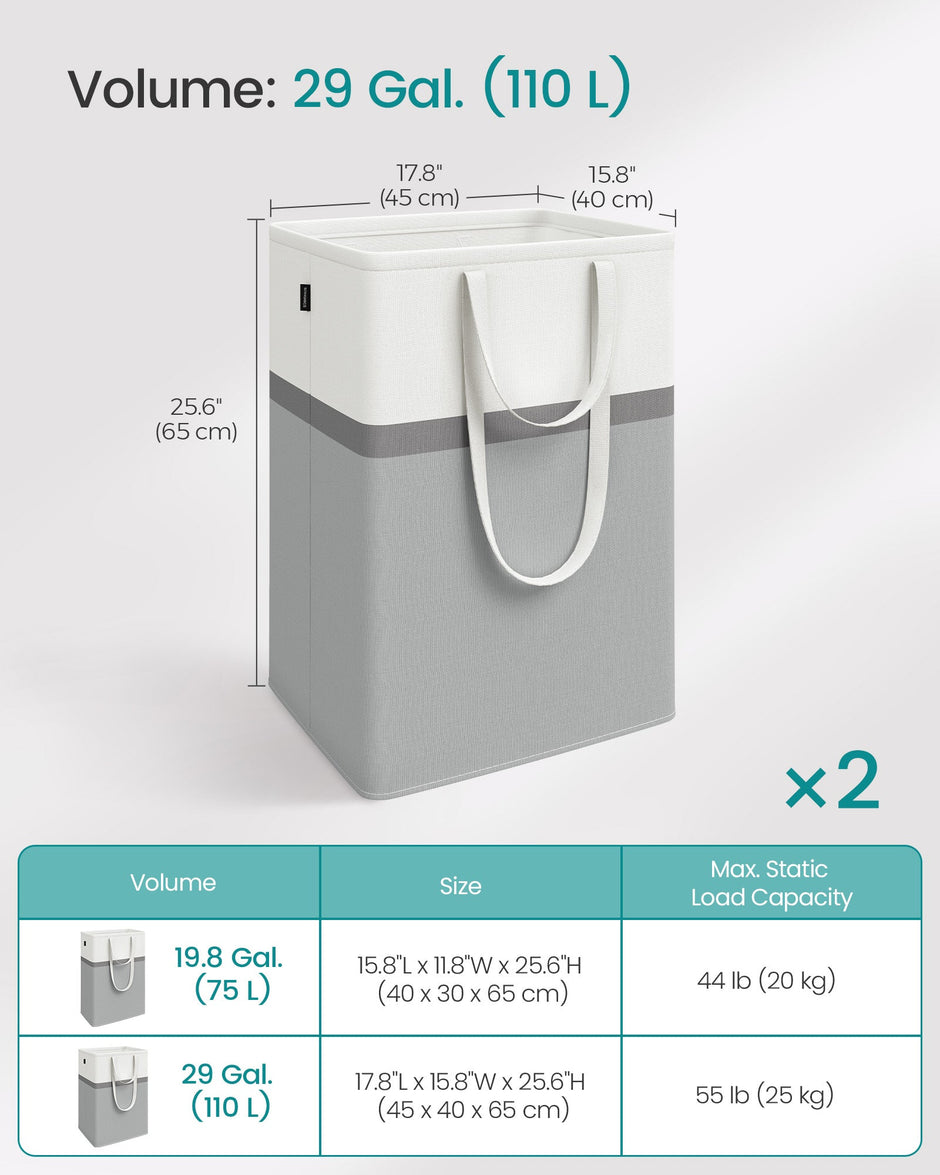 Collapsible Laundry Hampers Set of 2 – Fabric – Dove Grey – Freestanding and Portable