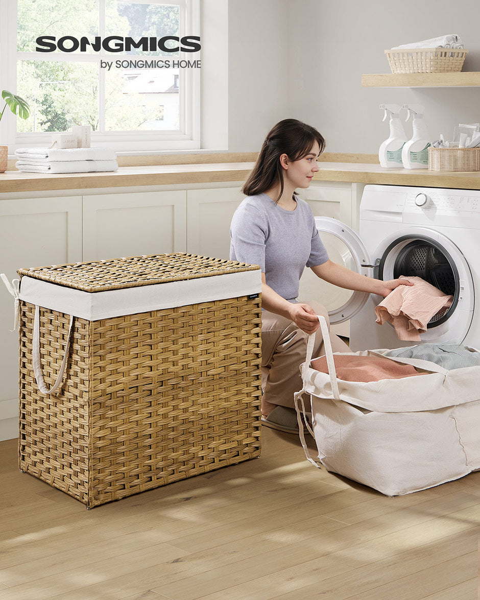 Laundry Basket – Synthetic Rattan – Natural – 160 L Capacity with Lid and Handles