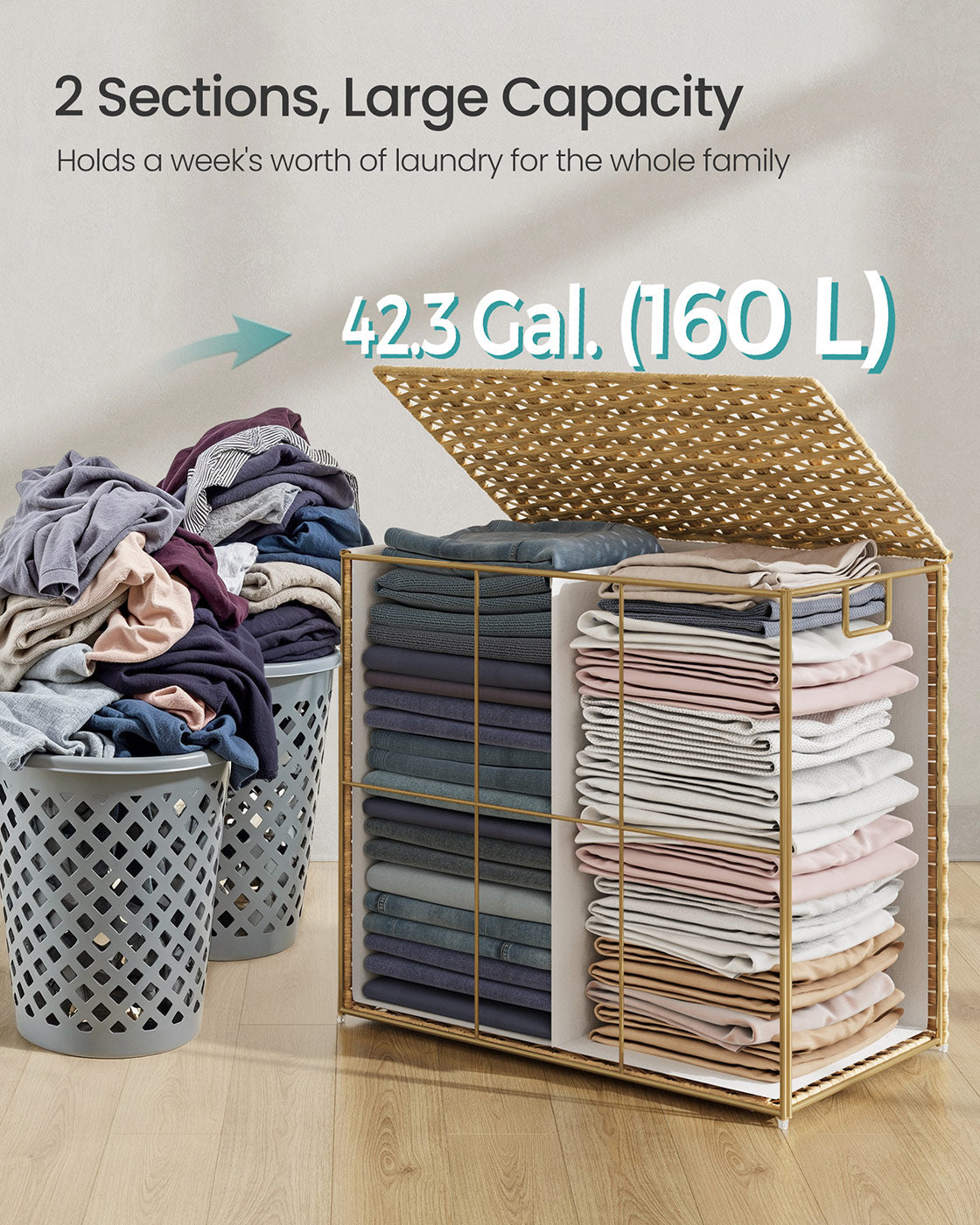 Laundry Basket – Synthetic Rattan – Natural – 160 L Capacity with Lid and Handles