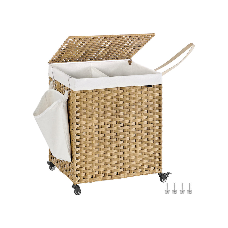 Laundry Basket – Rattan-Style – Natural – 3 Compartments with Lid and Removable Liner