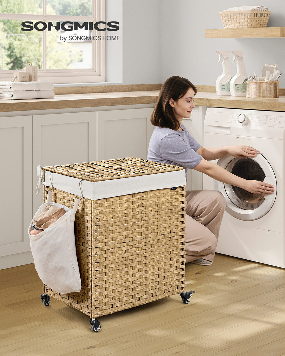 Laundry Basket – Rattan-Style – Natural – 3 Compartments with Lid and Removable Liner