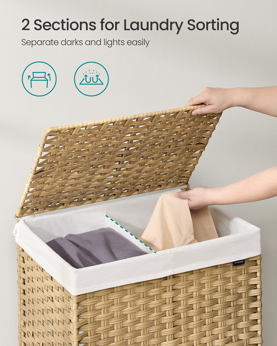 Laundry Basket – Rattan-Style – Natural – 3 Compartments with Lid and Removable Liner