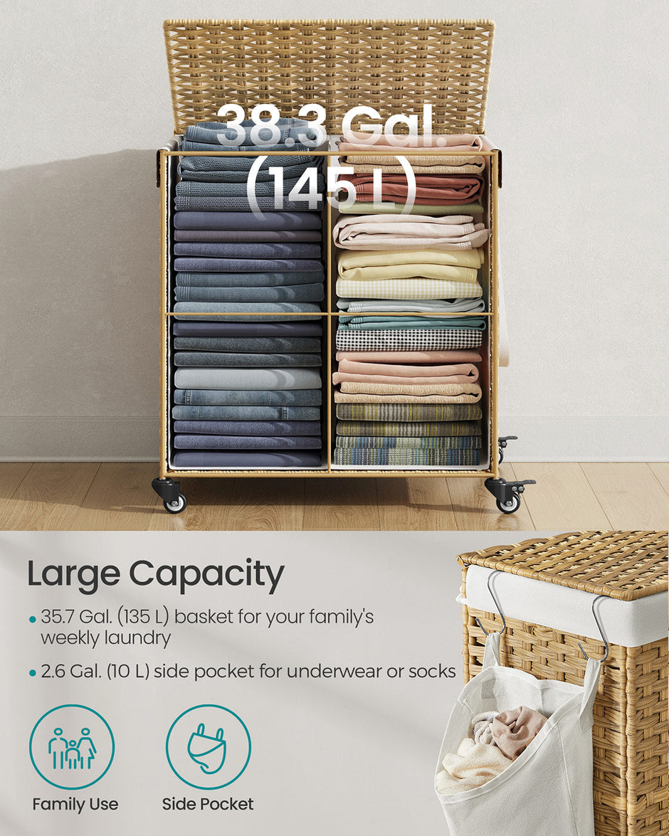 Laundry Basket – Rattan-Style – Natural – 3 Compartments with Lid and Removable Liner