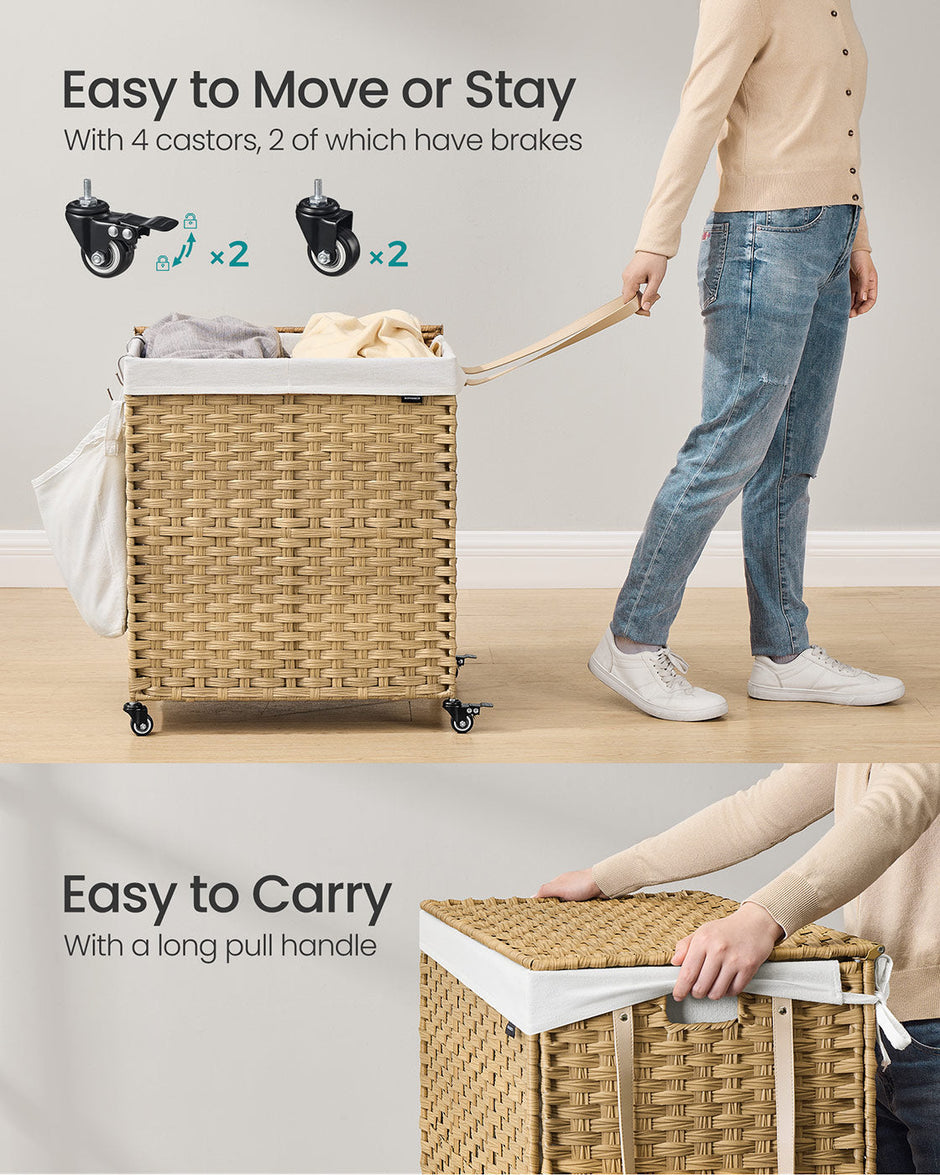 Laundry Basket – Rattan-Style – Natural – 3 Compartments with Lid and Removable Liner