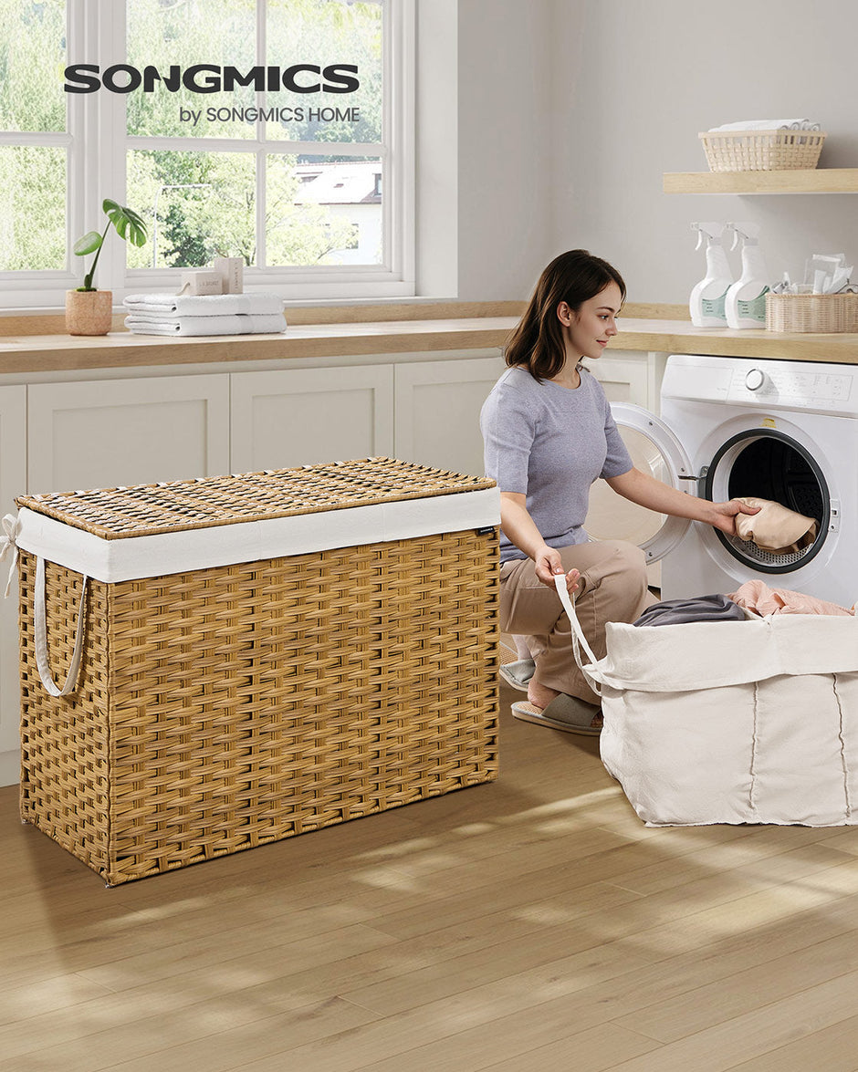 Laundry Hamper – Synthetic Rattan – Natural – Foldable with Lid and Handles
