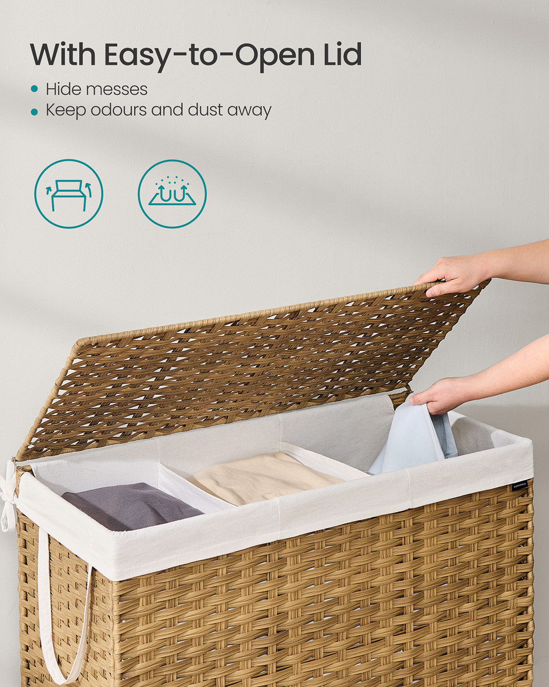Laundry Hamper – Synthetic Rattan – Natural – Foldable with Lid and Handles