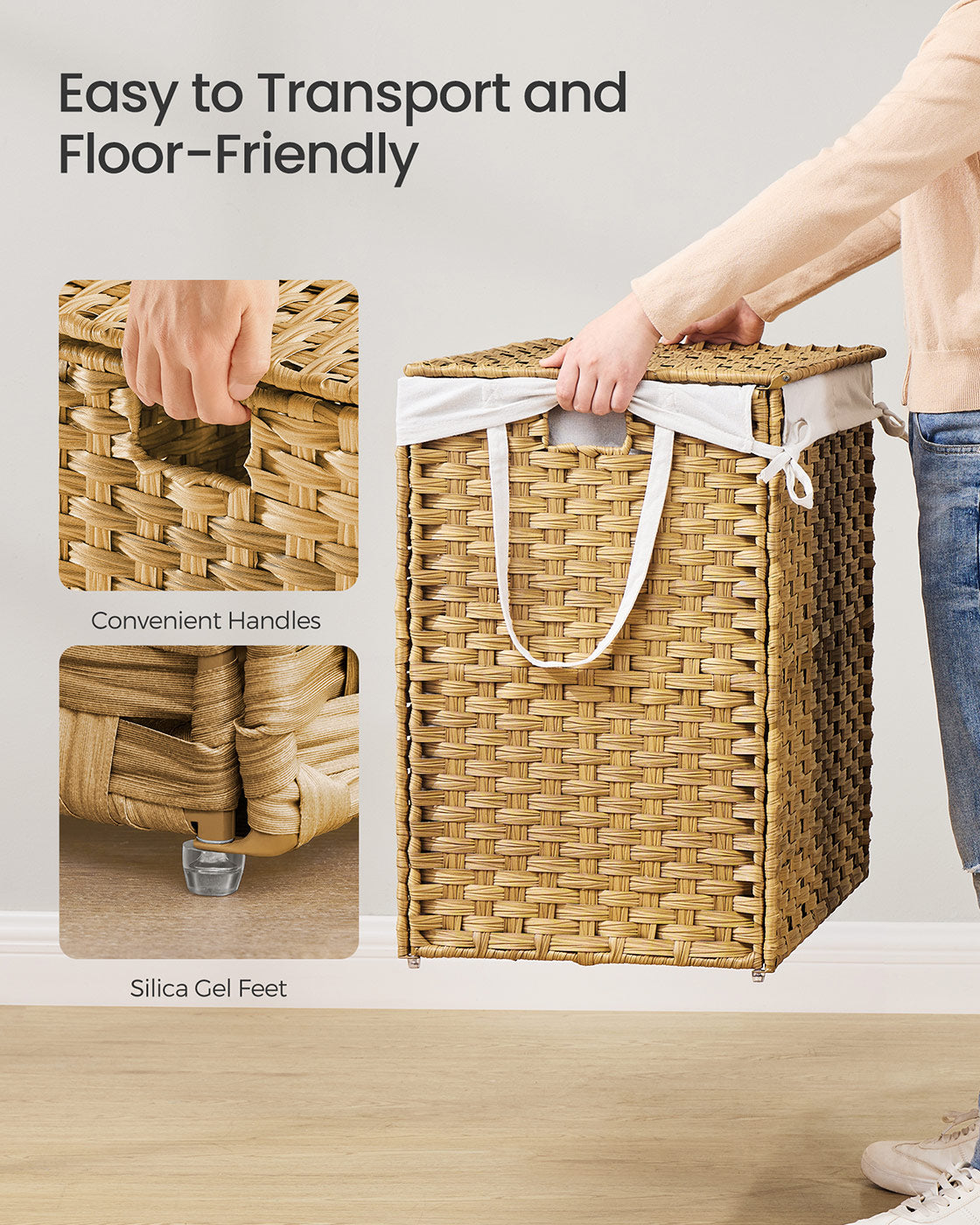 Laundry Hamper – Synthetic Rattan – Natural – Foldable with Lid and Handles