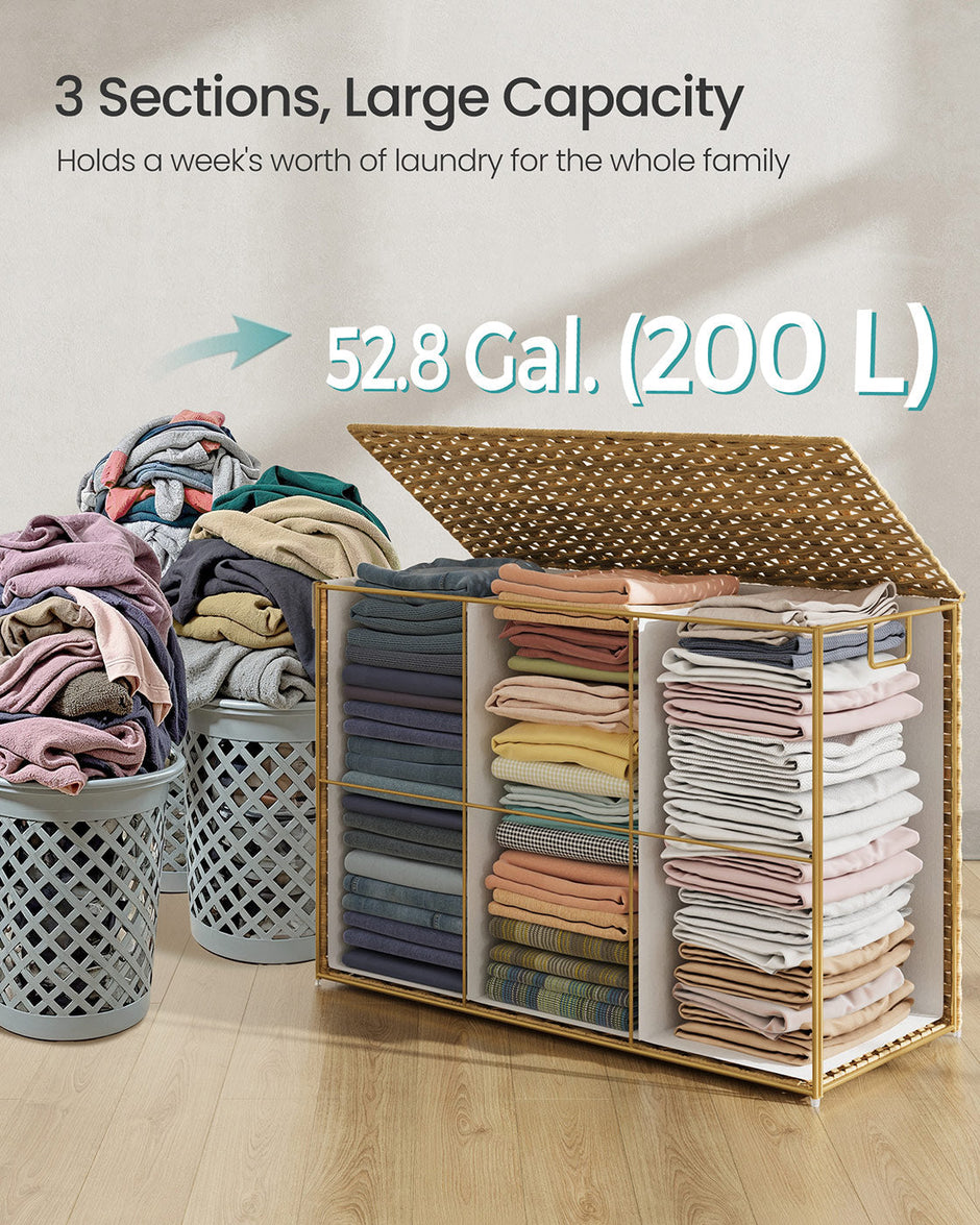 Laundry Hamper – Synthetic Rattan – Natural – Foldable with Lid and Handles
