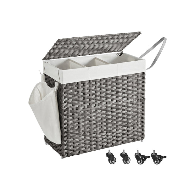 Laundry Hamper – Rattan-Style – Natural – 3 Compartments with Removable Liner