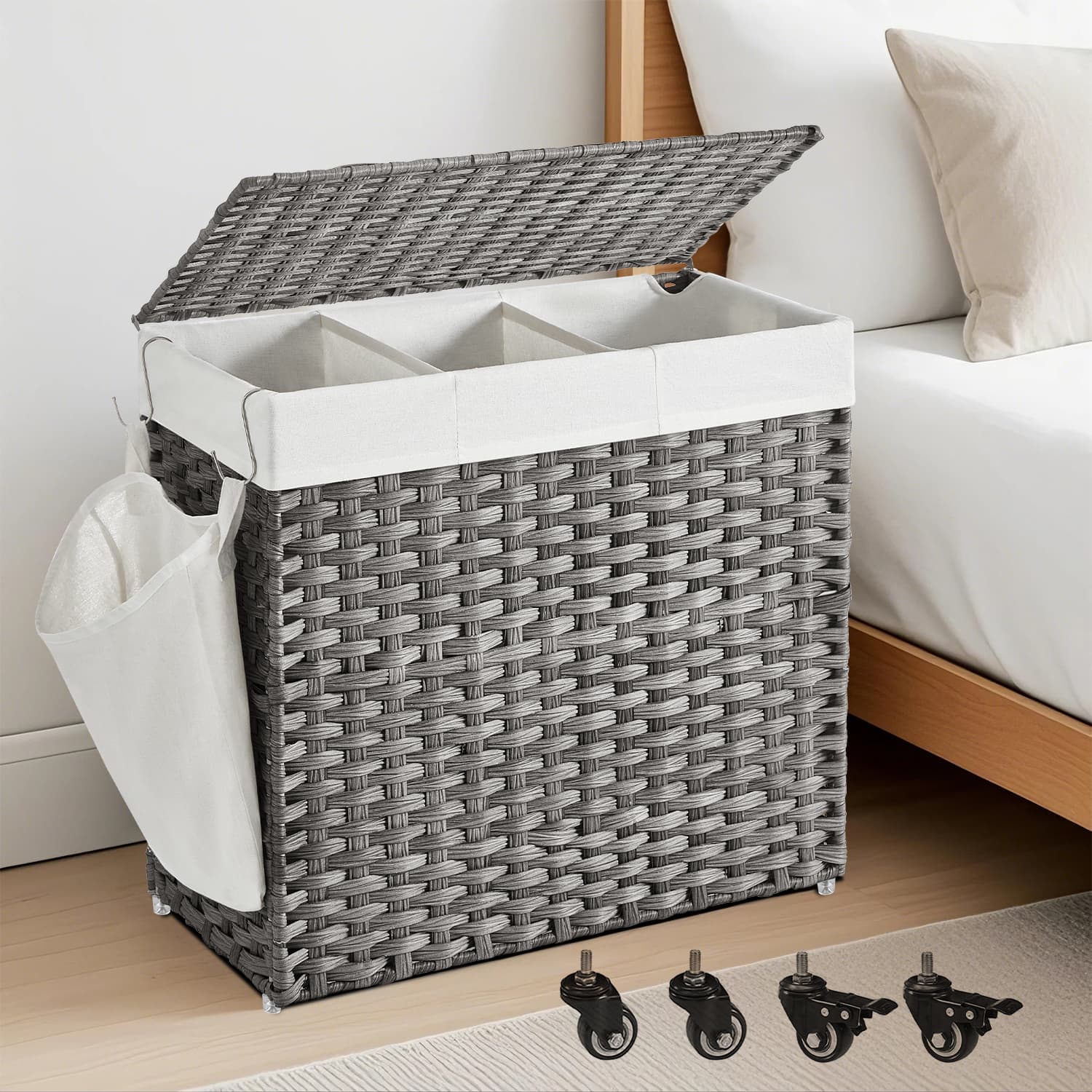 Rolling Laundry Hamper – Rattan-Style – Grey – 3-Section with Lid and Removable Liner, 140L