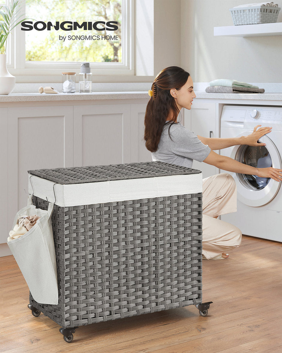 Laundry Basket – Rattan-Style – Natural – 3 Compartments with Removable Liner and Lid