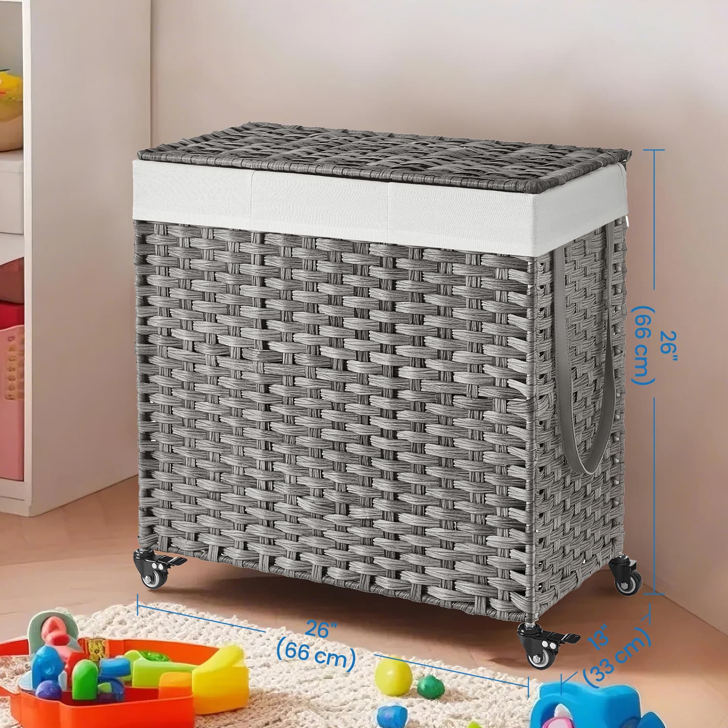Rolling Laundry Hamper – Rattan-Style – Grey – 3-Section with Lid and Removable Liner, 140L