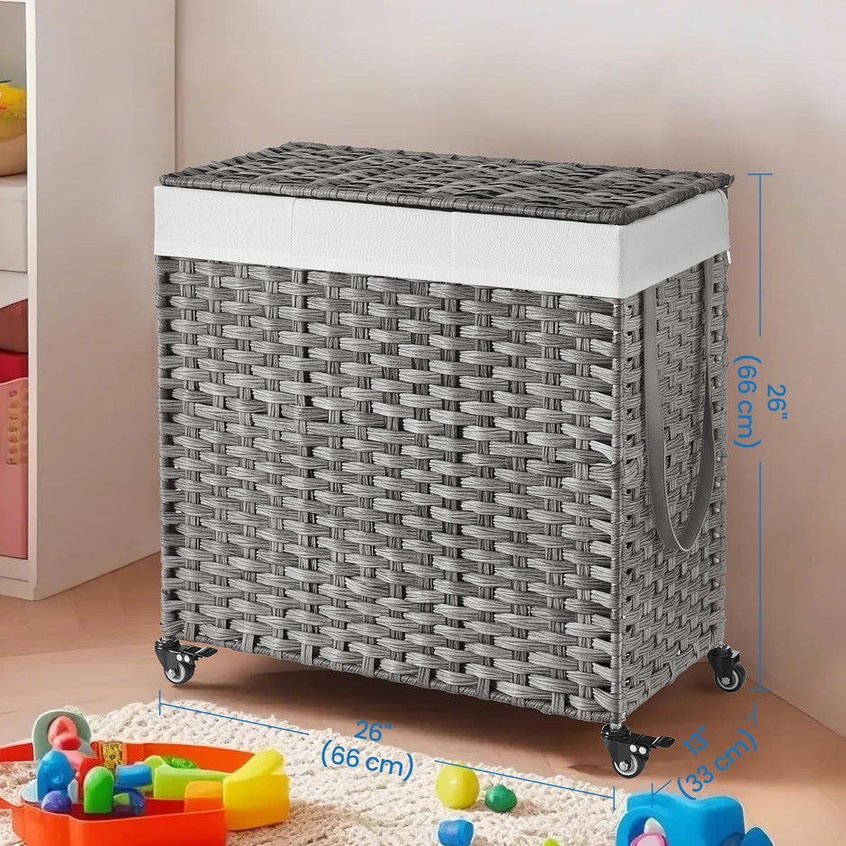 Rolling Laundry Hamper – Rattan-Style – Grey – 3-Section with Lid and Removable Liner, 140L