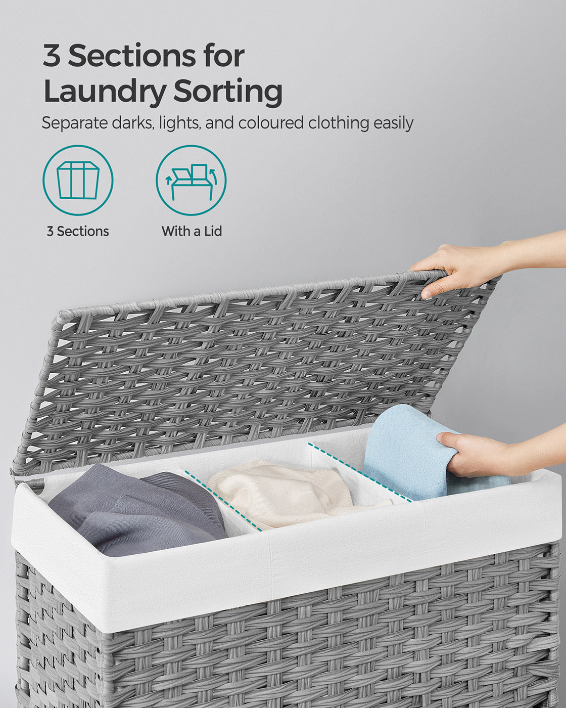 Laundry Basket – Rattan-Style – Natural – 3 Compartments with Removable Liner and Lid