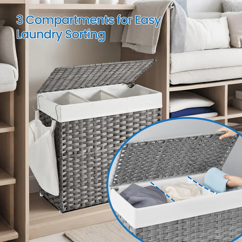 Rolling Laundry Hamper – Rattan-Style – Grey – 3-Section with Lid and Removable Liner, 140L