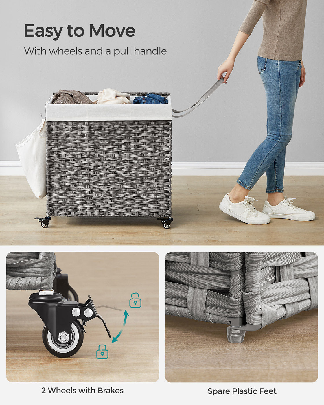 Laundry Basket – Rattan-Style – Natural – 3 Compartments with Removable Liner and Lid