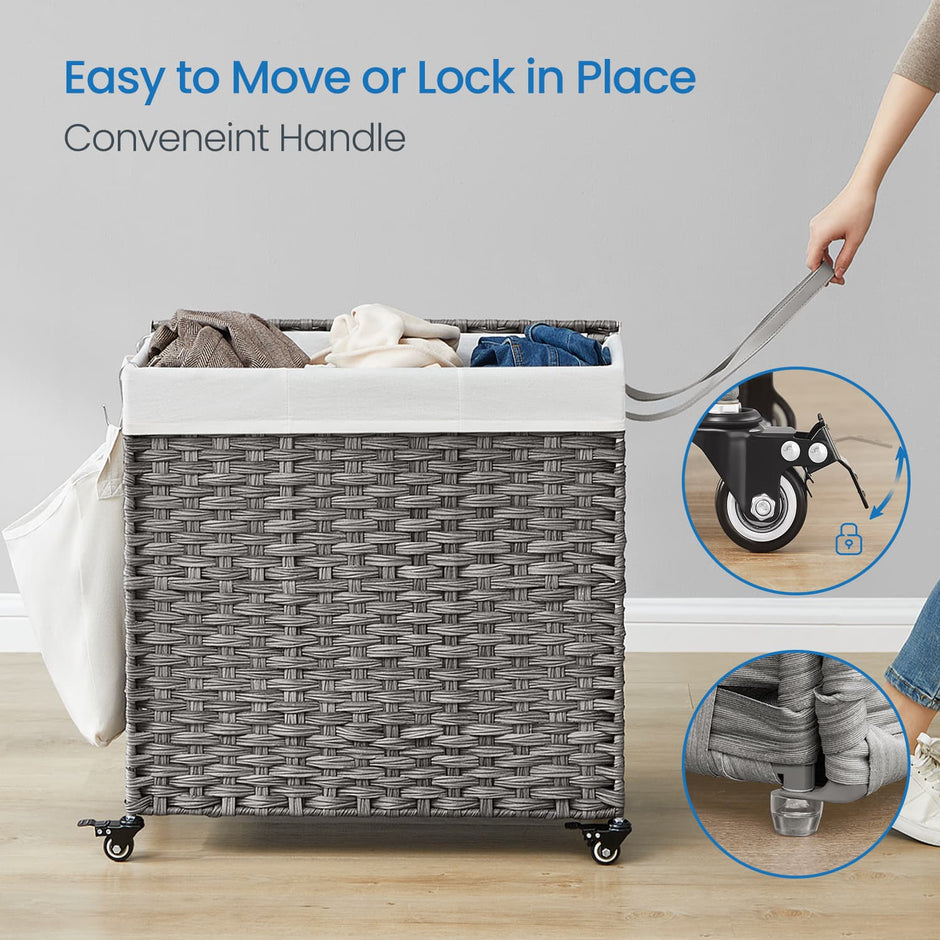 Rolling Laundry Hamper – Rattan-Style – Grey – 3-Section with Lid and Removable Liner, 140L
