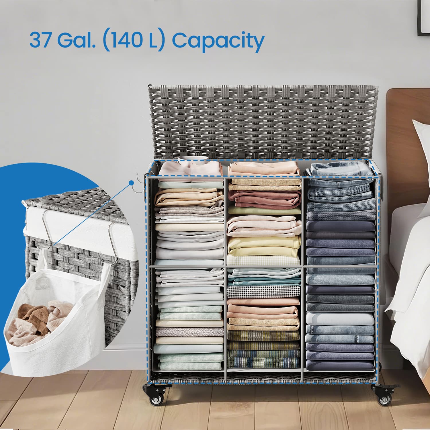 Rolling Laundry Hamper – Rattan-Style – Grey – 3-Section with Lid and Removable Liner, 140L