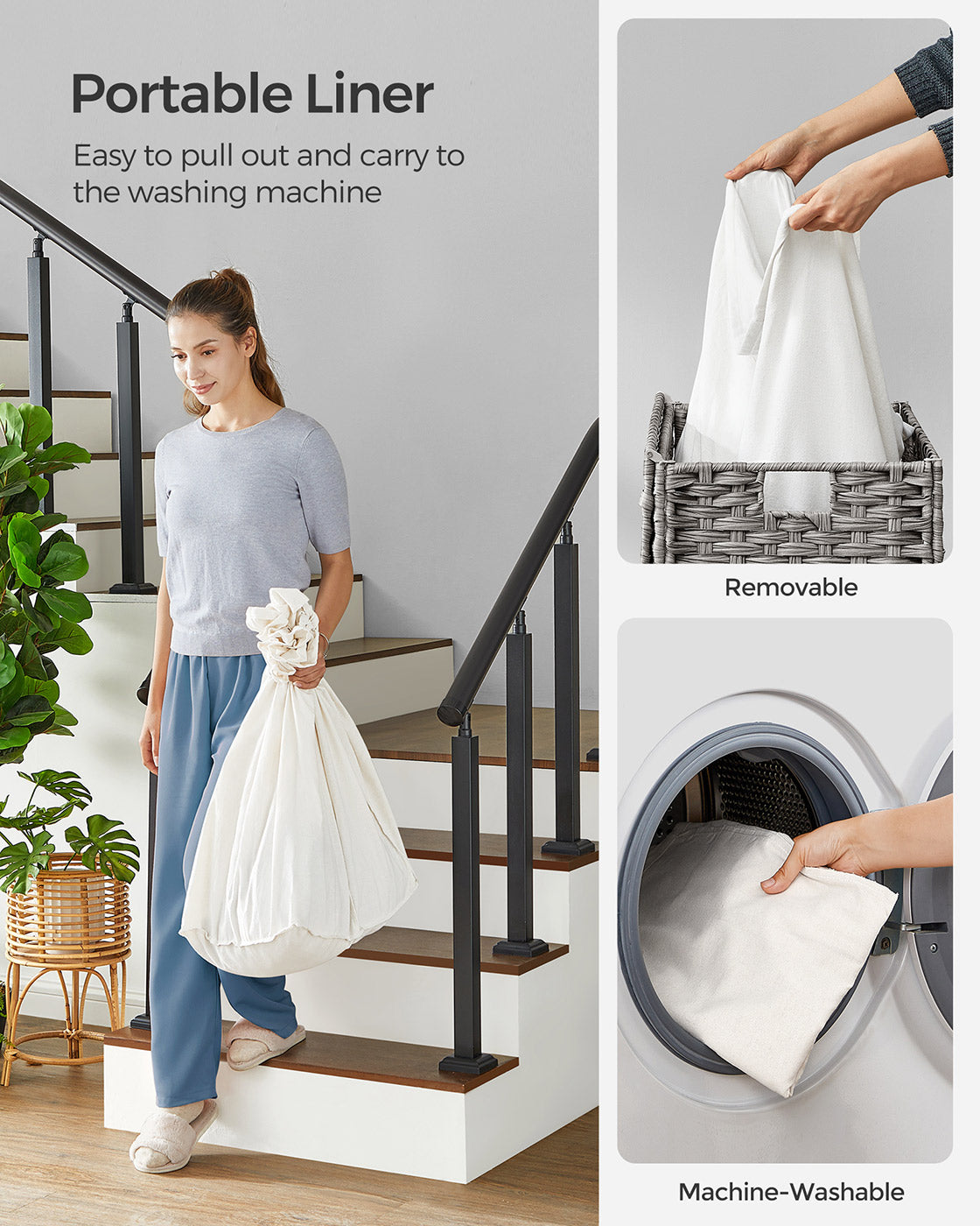 Laundry Basket – Rattan-Style – Natural – 3 Compartments with Removable Liner and Lid