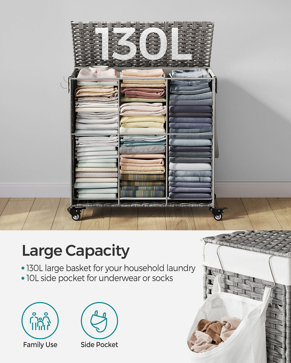 Laundry Basket – Rattan-Style – Natural – 3 Compartments with Removable Liner and Lid